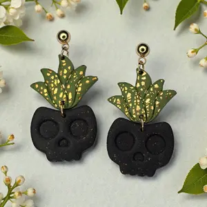 Succulent Skull Planter Earrings | Polymer Clay | Gothic Plant Mom Jewelry