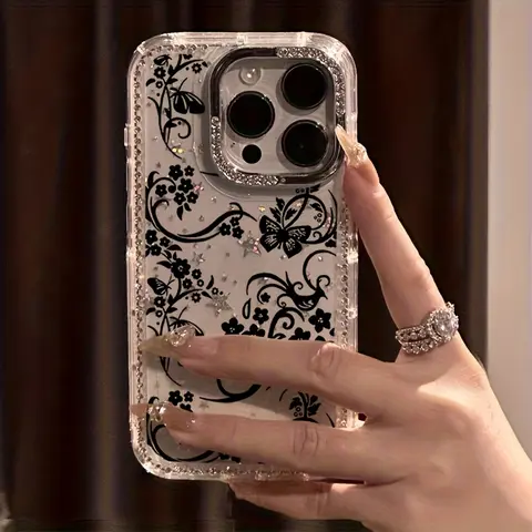 VYD Rhinestone Butterflies Pattern Glitter Phone Case - Transparent Star-Border Shine, Drop-Protection Cover, Shockproof Phone Accessories for iPhone 12-18 (Pro, Max, Plus) - Fall Gift