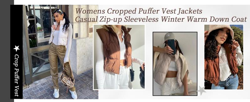 Danedvi Women's Crop Puffer Vest Winter Zip Up Lightweight Warm Padded Sleeveless Coat Casual for Cozy Comfort