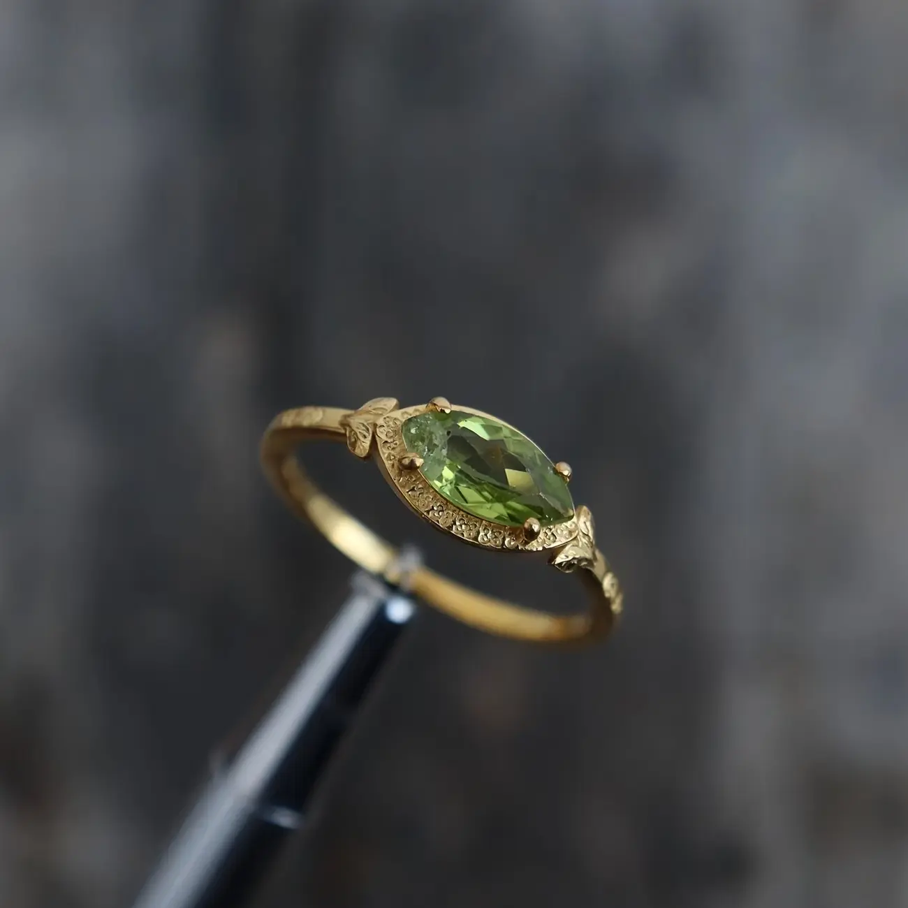 Vintage Bohemian Green Stone Ring - Marquise-Cut Olive Green Synthetic Zircon, Handmade Nature-Inspired, Stackable Ring Stack, Exquisite Engagement/Anniversary Gift for Her