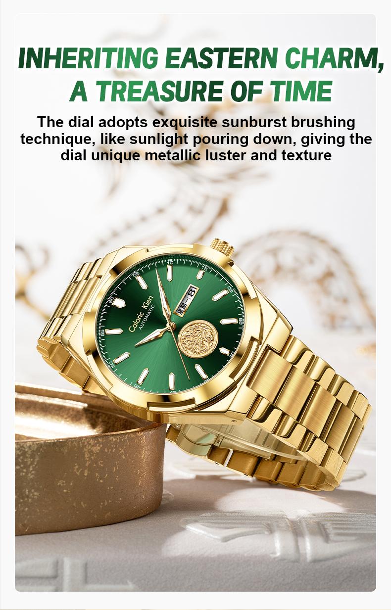 Calonic Kien Men's Luxury Swiss Automatic Gold Watch with Dual Calendar 42mm Stainless Steel Band Luminous Display Water Resistance Buckle