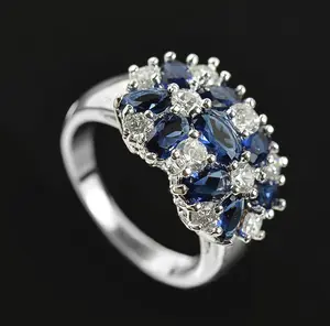 S925 Sterling Silver with Zirconia Wedding Ring for Adults - Blue Pave Gemstone Statement Adjustable Ring with Flower Design For Mother, mom,Elegance Ring with Flower Design for Valentine's Day, Mother's Day, and Wedding