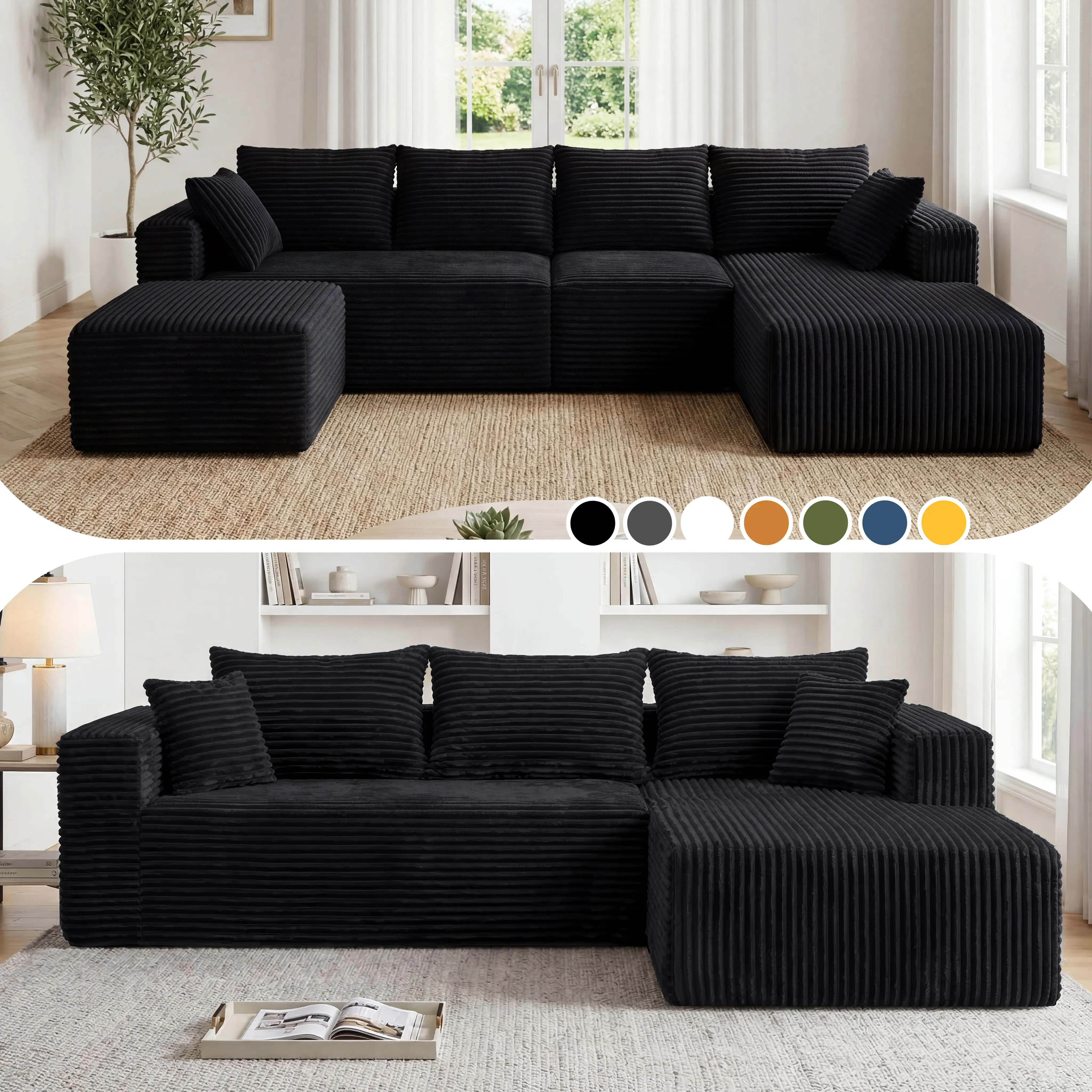 【2 Packages Shipping】118&92.5" Modular Boneless Sectional Couch Oversized Deep-Seat No Assembly Required Suitable for Living room/Bedroom/Apartment 0015BK