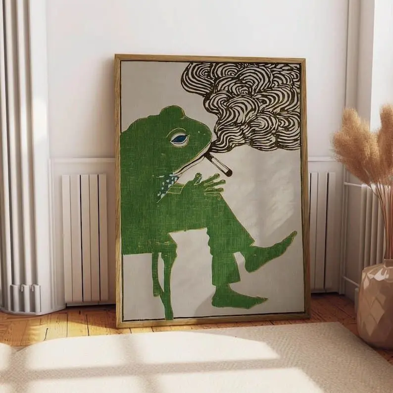Vintage Frog Smoking Cigarette Paper Poster - Retro Whimsical Funny Animal Artistic Eco-Friendly Photo Wall Decor, Kid Room & Bar Cart Home Supplies Print, Quirky Kitchen Decoration