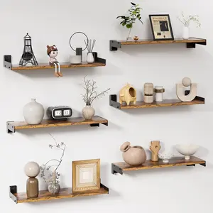 KLM Floating Shelves for Wall, Shelves for Decor Storage Set of 6, Wall Mounted Wood Shelf for Bedroom, Living Room, Bathroom, Kitchen,Long Picture Ledge Shelves-Brown