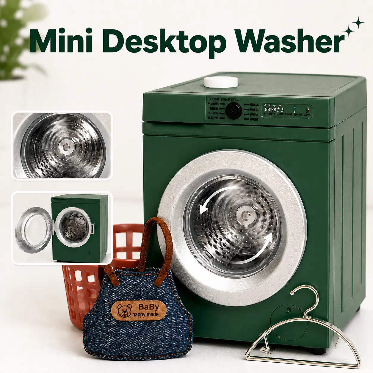 1:12 Scale 4-Piece Electric Miniature Washing Machine Set - Collector Model, Dollhouse Decor, Interactive Accessories with Working Spin Function, Laundry Basket, Tiny Clothes, Hangers, Miniature Things, Anxiety Relief Fidget Toy, Desktop Ornament