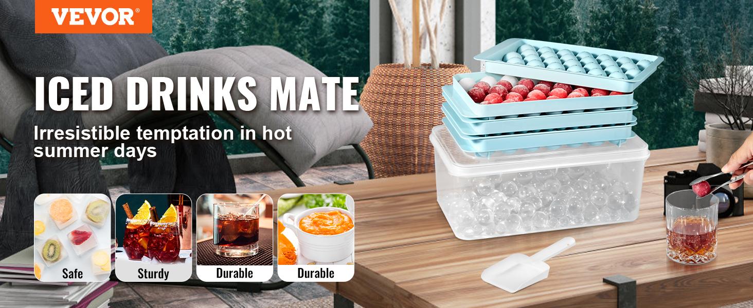 VEVOR Ice Cube Tray, Round Ice Ball Maker for Freezer, 2x33pcs & 1x104pcs Ice Balls, Sphere Ice Cube Making 170pcs Small Ice Chilling Cocktail Whiskey Tea Coffee, 3Pack Ice trays & Ice Bin & Scoop VEVOR Ice Cube Tray, Round Ice Ball Maker for Freezer, 2x33pcs & 1x104pcs Ice Balls, Sphere Ice Cube Making 170pcs Small Ice Chilling Cocktail Whiskey Tea Coffee, 3Pack Ice trays & Ice Bin & Scoop