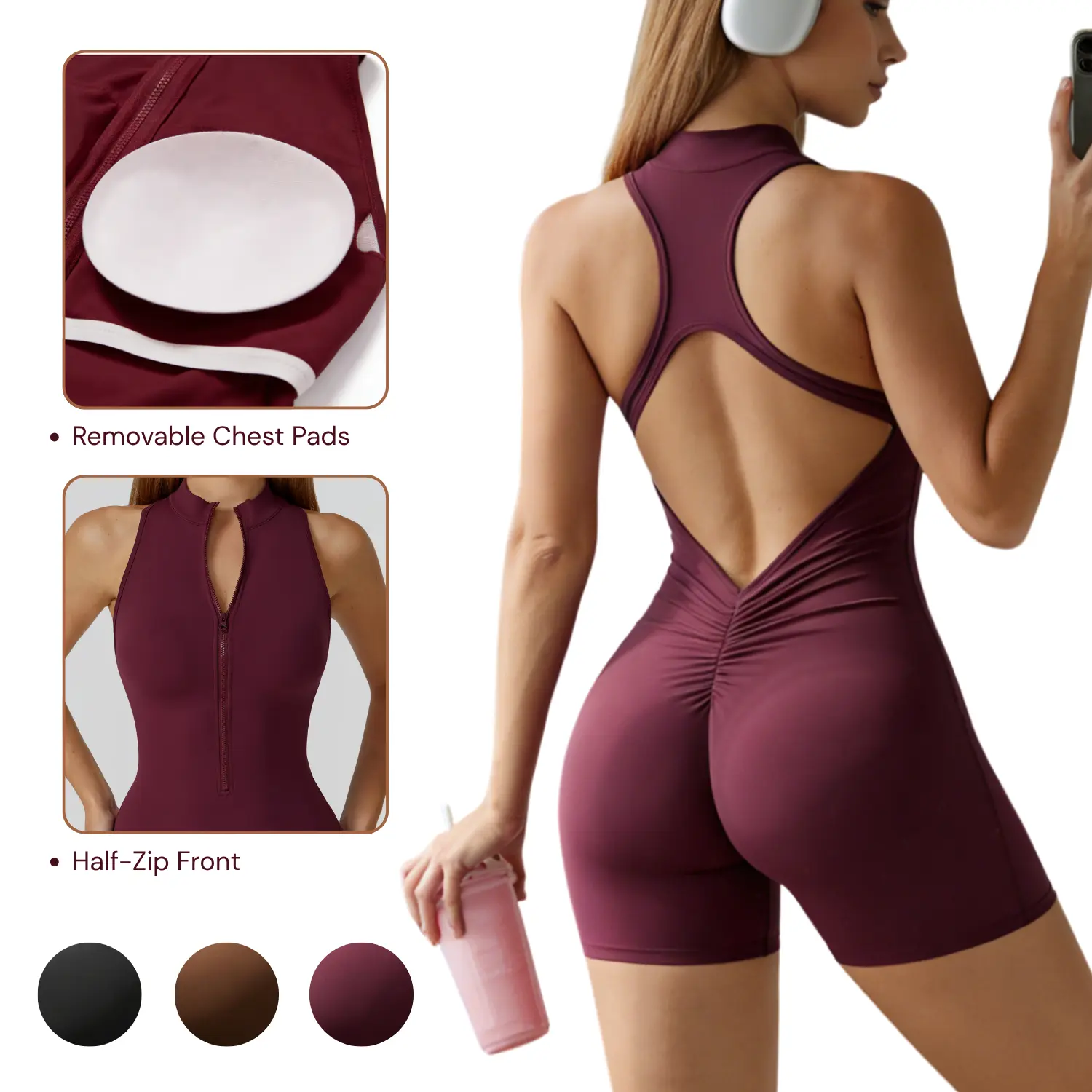 Women's Half Zip High Neck Jumpsuit Racerback Open Back Workout Romper, Sleeveless Scruched Butt-Lifting Yoga Bodysuit with Removable Pads, Tummy Control One-Piece Shorts for Gym Streetwear Overalls
