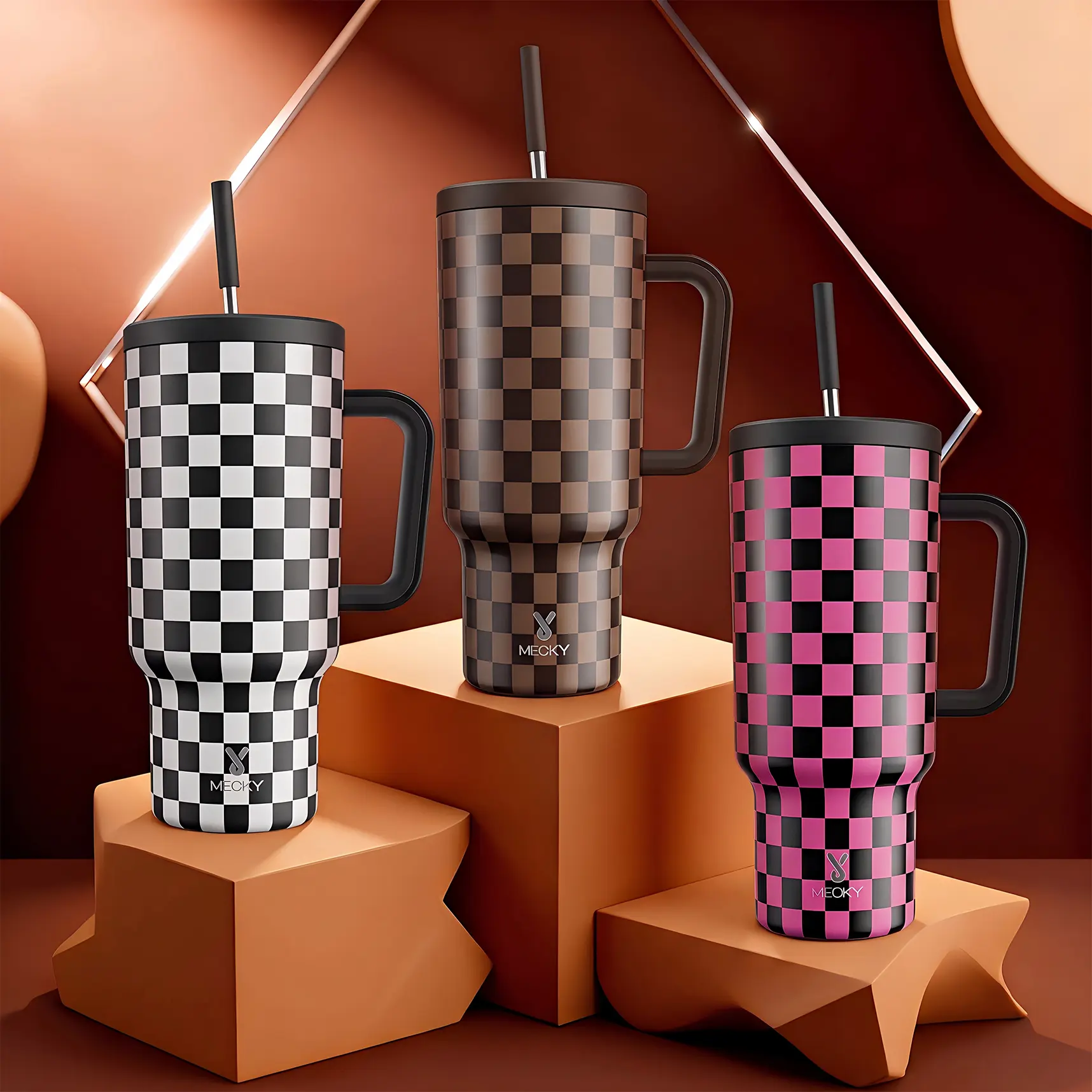 Meoky Plaid 40oz Travel Tumbler with Handle - Stainless Vacuum Flask, Leak-Proof Insulated Mug, Reusable Chiller Bottle, Non-Slip Base, Car-Friendly, BPA-Free,Flasks, Reusable Chiller Bottle Vacuum Flasks #backtoschool#backtoschoolseason