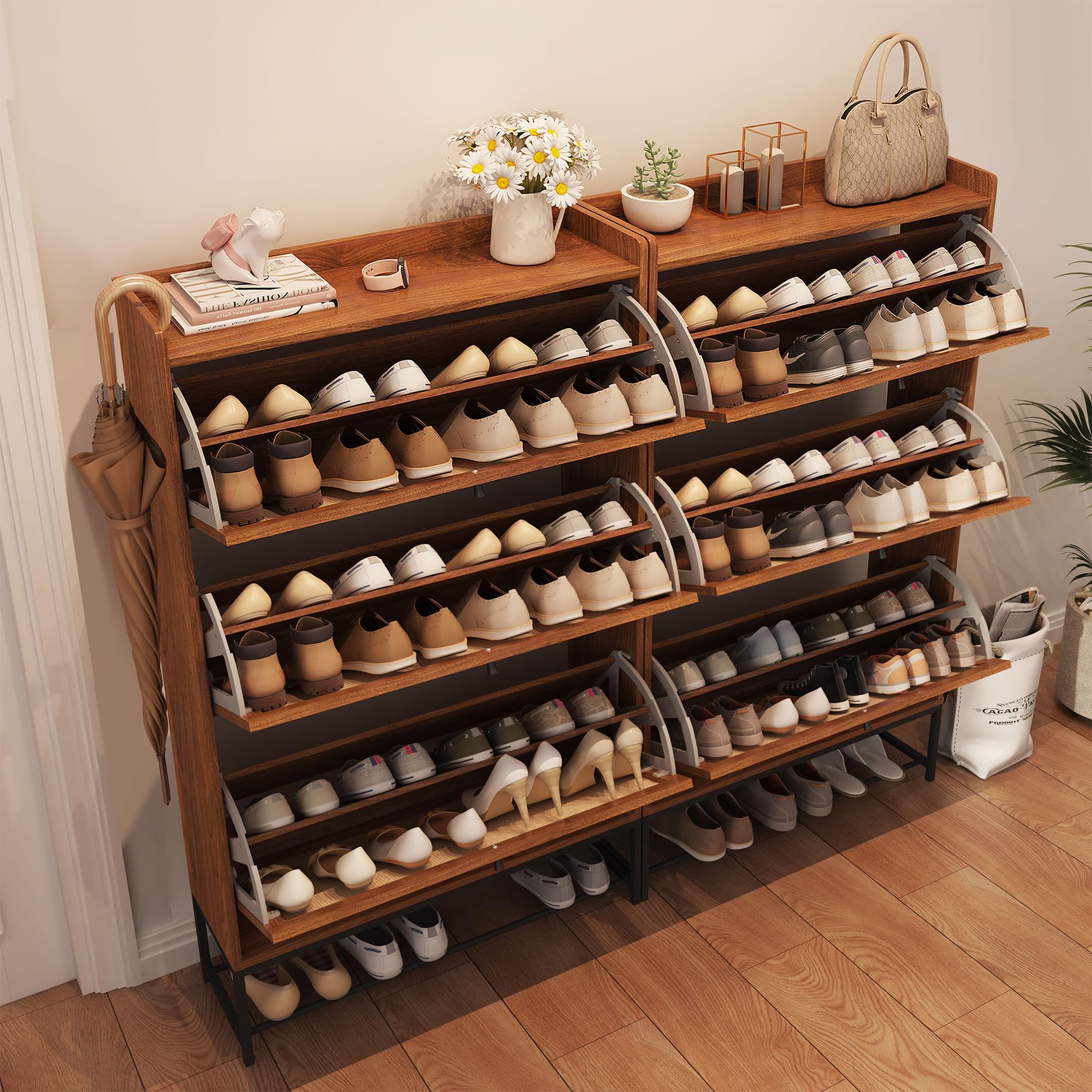 Giratree Shoe Cabinet, Shoe Cabinet Freestanding Tipping Bucket Shoe Rack Organizer with 2 3 4 Flip Drawers, Modern Entryway Narrow Shoe Rack for Entryway, Hallway, Bedroom