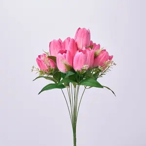 Pink Silk Tulip Bloom & Leaf Stem Bouquet Faux Floral Spray  - 19"