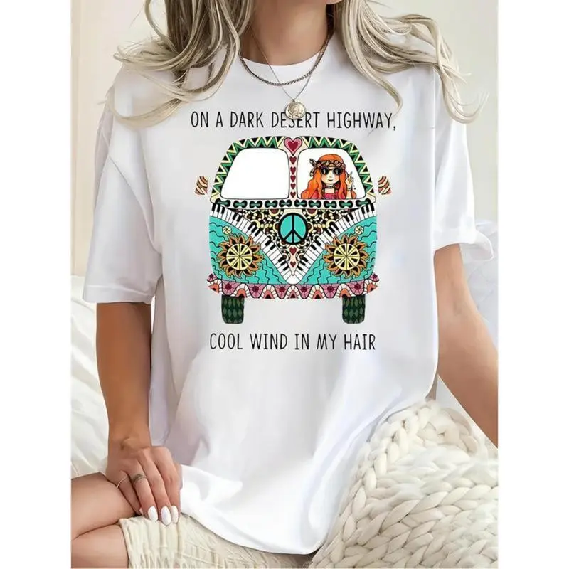 Plus Size Women's Casual Bohemian Prints T-Shirt, Hippie Bus & Desert Design, Dark Desert Highway Quote, Comfortable Fabrics Single Piece Sports Top, Chic, Women's Clothes, Round Neck, Boho Clothes For Women