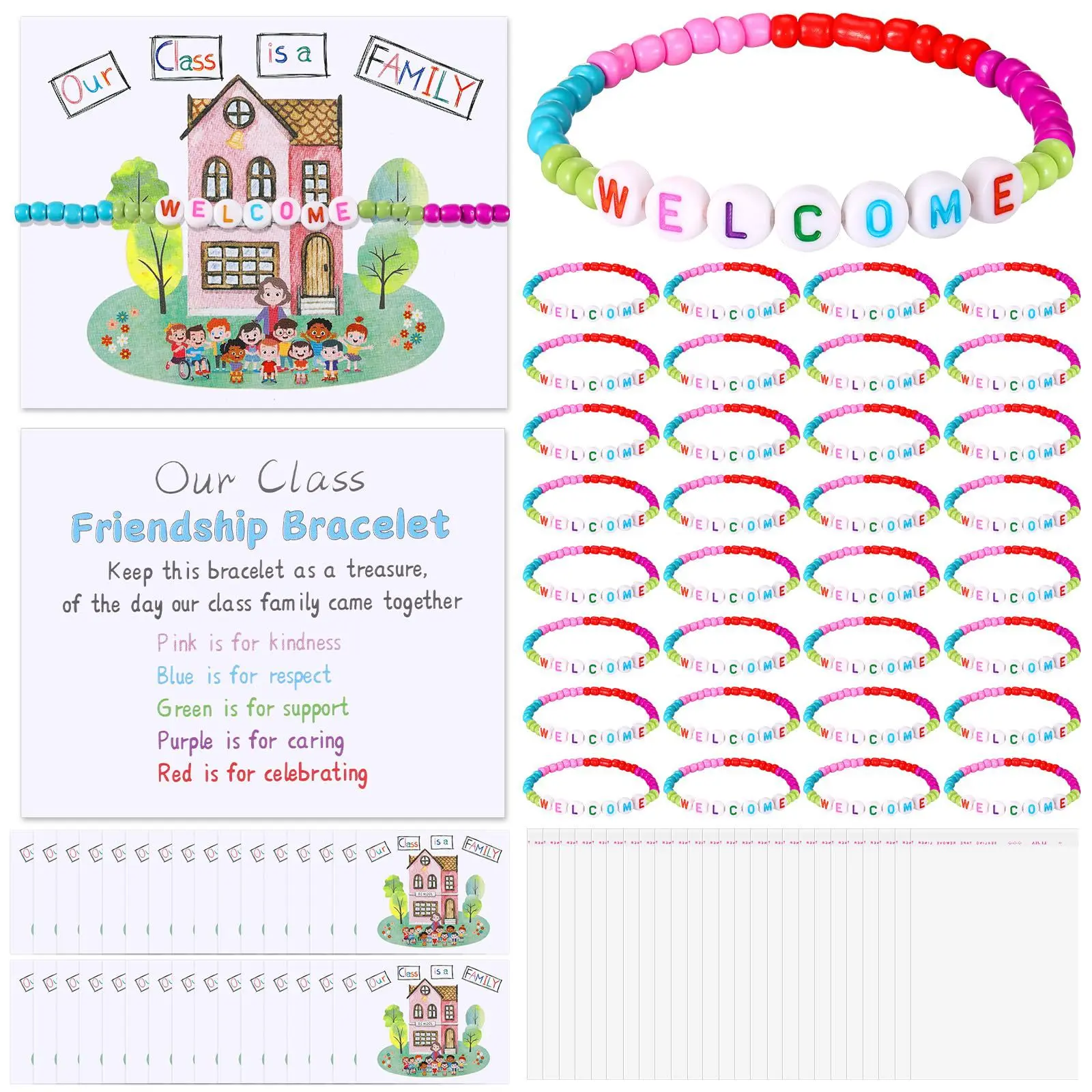 25-Set Vibrant Acrylic Letter Beads Friendship Bracelets Colorful Set with Class Family Cards & Gift Bags, Back to School Party Favors for Students, Class Parties Supplies, Includes Cards