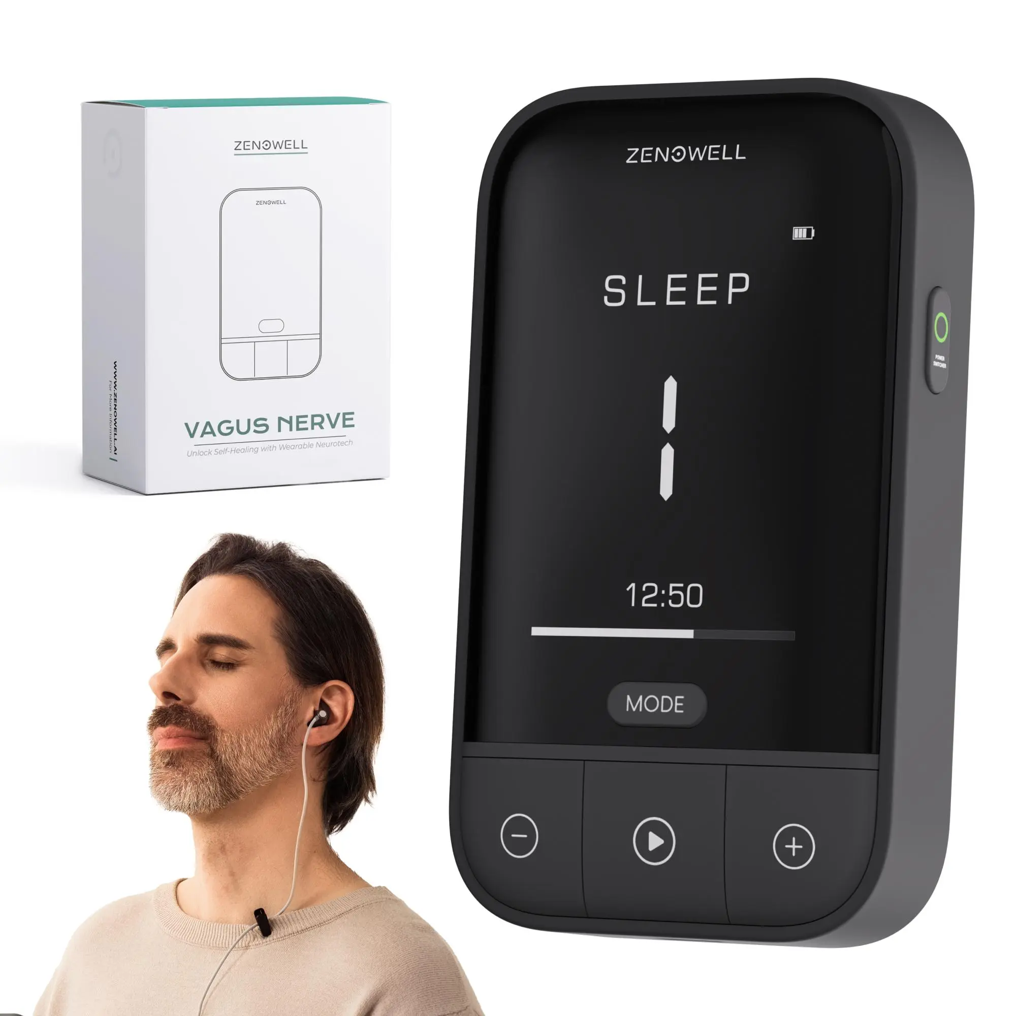 ZenoWell Vita Ear-Worn Wellness Wearable Massage Device, Cordless Battery-Powered Rechargeable with 3 Modes, Black, Cordless Portability, Relief, Lightweight, Care, Ear Wear, Daily, Portable, Cordless Port.
