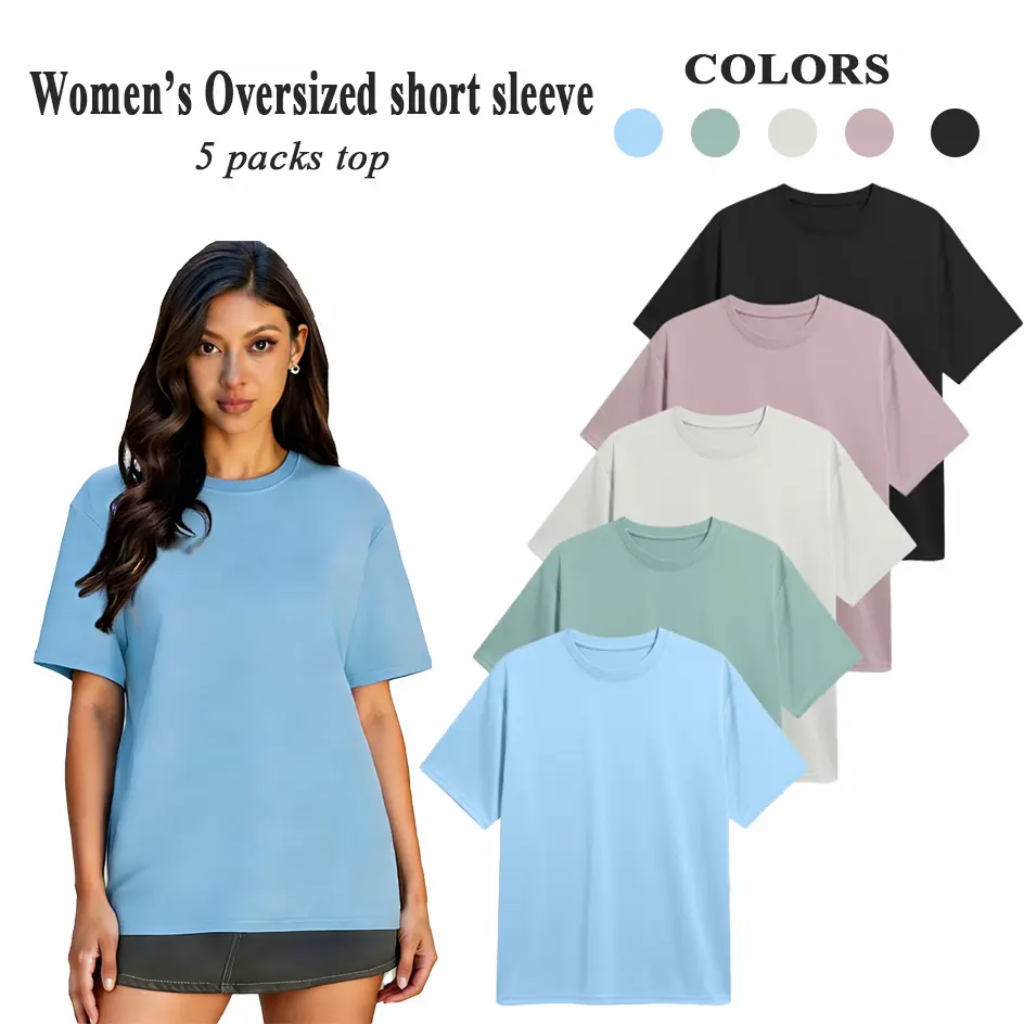 HOPLYNN 5-Pack Women's Workout Tops - Oversized Short Sleeve Plus Size Loose Tops to Hide Tummy, Dry Fit Athletic Wear Women's Tops for Gym