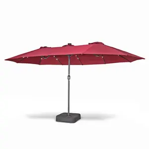 HOME ZONE LIVING 15x9ft Double Head Patio Umbrella w/ Base, 36 LED Lights, Sand Bags, Burgundy
