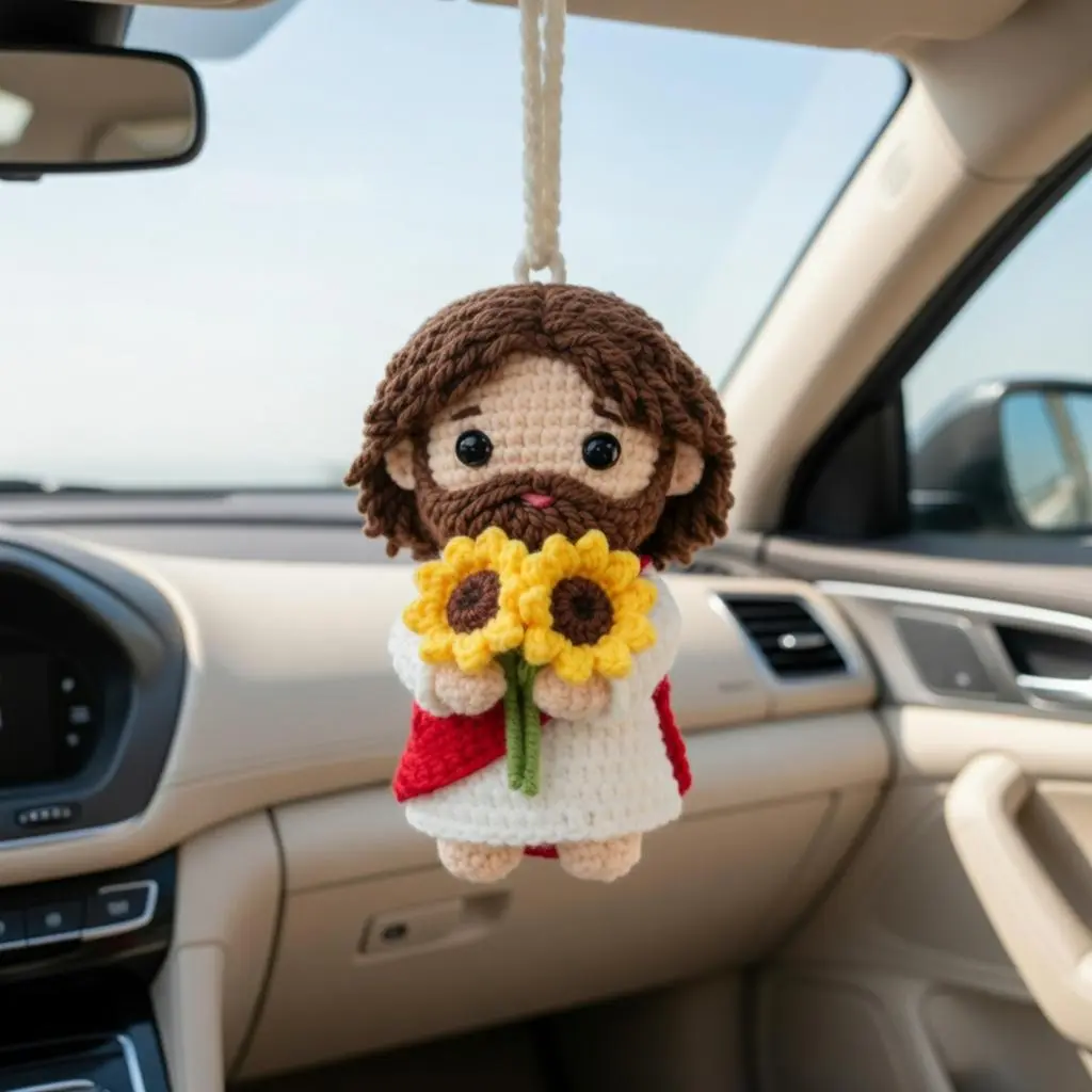 Handmade Jesus with Sunflowers Crochet Car Hanging | Christian Rearview Mirror Charm | Religious Amigurumi Ornament, Catholic Gift, Faith Car Decor