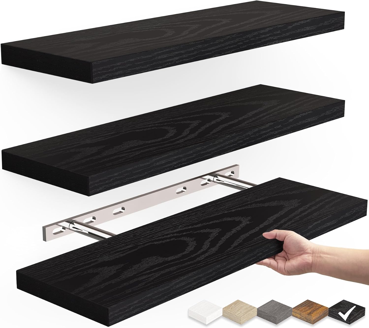 Set of 3 Floating Wall Shelves in Black - Rustic Wood Shelves for Bathroom, Bedroom, Living Room, and Kitchen. Wooden