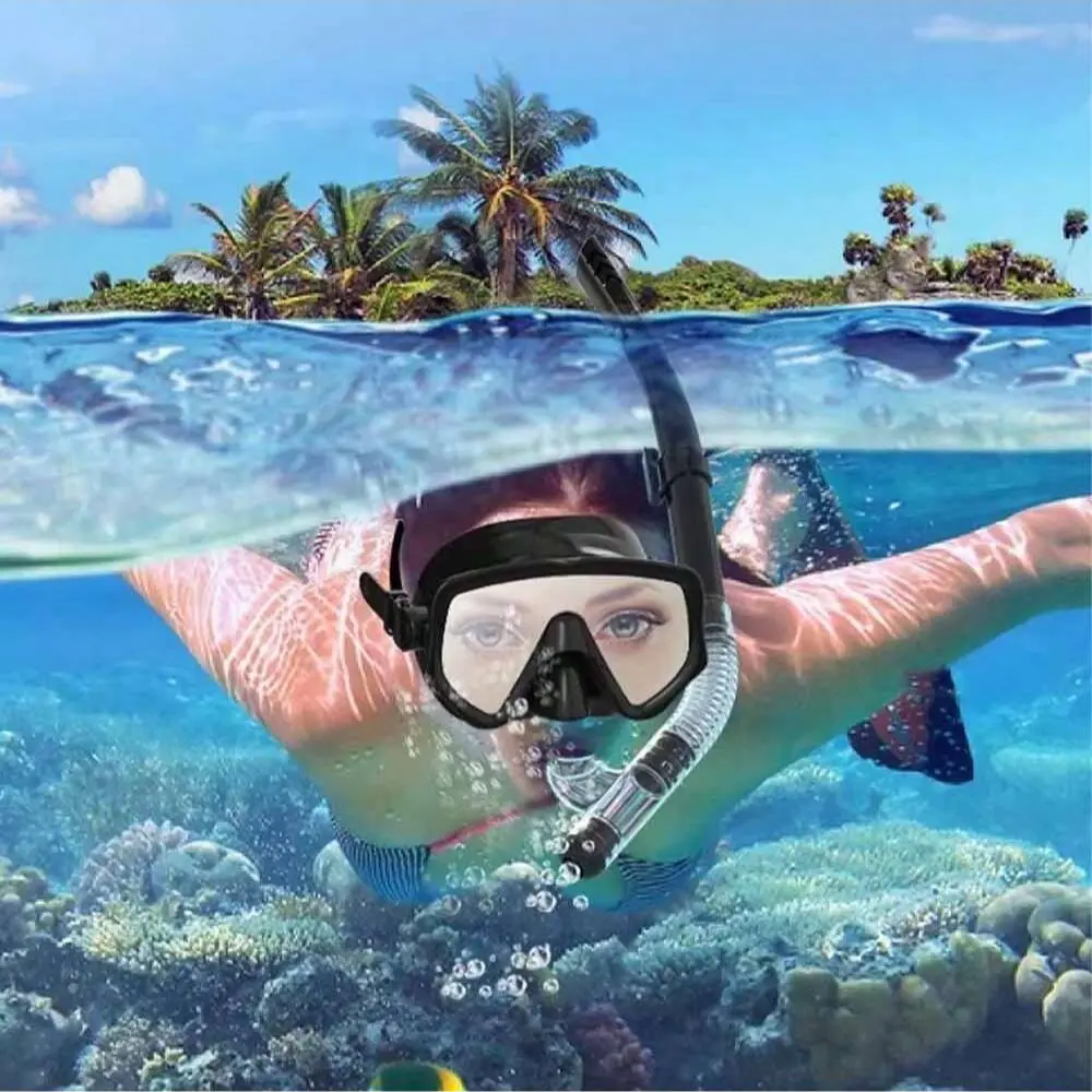 Adult Snorkel Mask & Breathing Tube Set, Goggles Mask, Tempered Glass Material, Professional Panoramic Diving Gear, Swimming Training, Beach Essentials, Snorkeling Gear