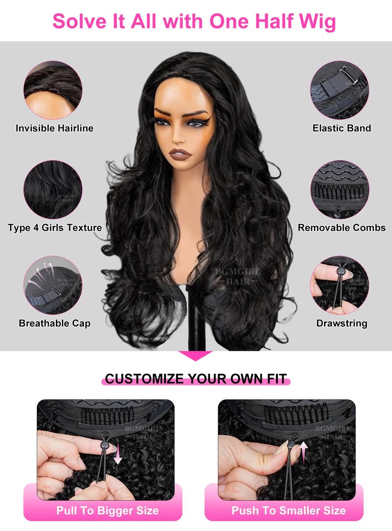[Wear Go Half Wig] BGMgirl Invisible Hairline  Yaki Butterfly Layered Cut/ Afro CurlyHalf Wig Multiple Texture Available Kinky Curly Water Wave Glueless Human Hair Wigs Seamless Flip Over Updo Down Style Hairpiece eve valentines day gift