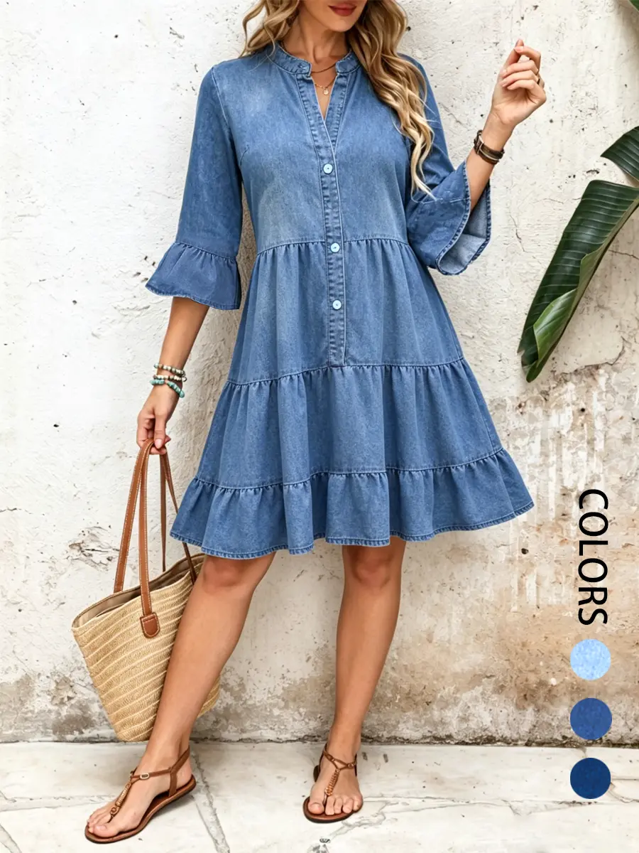 Women's Light Wash Denim Fabric Tiered Ruffle Button-Front Flowy Midi Dress - Chic Feminine Basic Casual Wear for Spring, Summer Outdoor Activities-70422