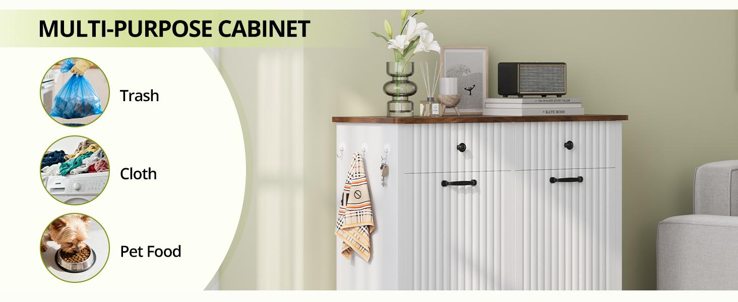 Double Tilt Out Trash Can Cabinet, 20 Gallon Fluted Laundry Hamper Cabinet with 2 Drawers, Wooden Hidden Garbage Can Cabinets for Kitchen, Living Room, Without Trash Bin or Laundry Hamper,Black