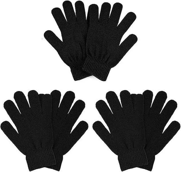 Winter Magic Gloves 3 Pairs for Adults Warm Stretchy Unisex Black One Size Fits Most Men Women Teens Knit Gloves
