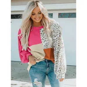 A women's color-block round-neck leopard print knitted long-sleeved T-shirt, new style for autumn and winter, suitable for all occasions and easy to pair. Can be used with raincoat（gift）Gift