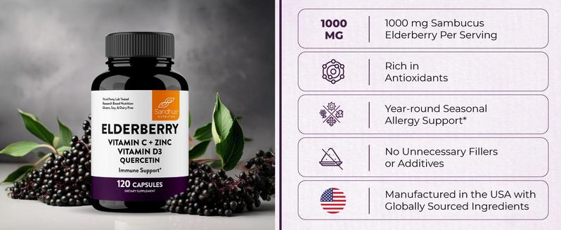 【Sandhus】Elderberry, Vitamin C, Zinc, Quercetin & D3 | Immune Support |Healthcare Dietary Supplement Fitness Edible Syrup