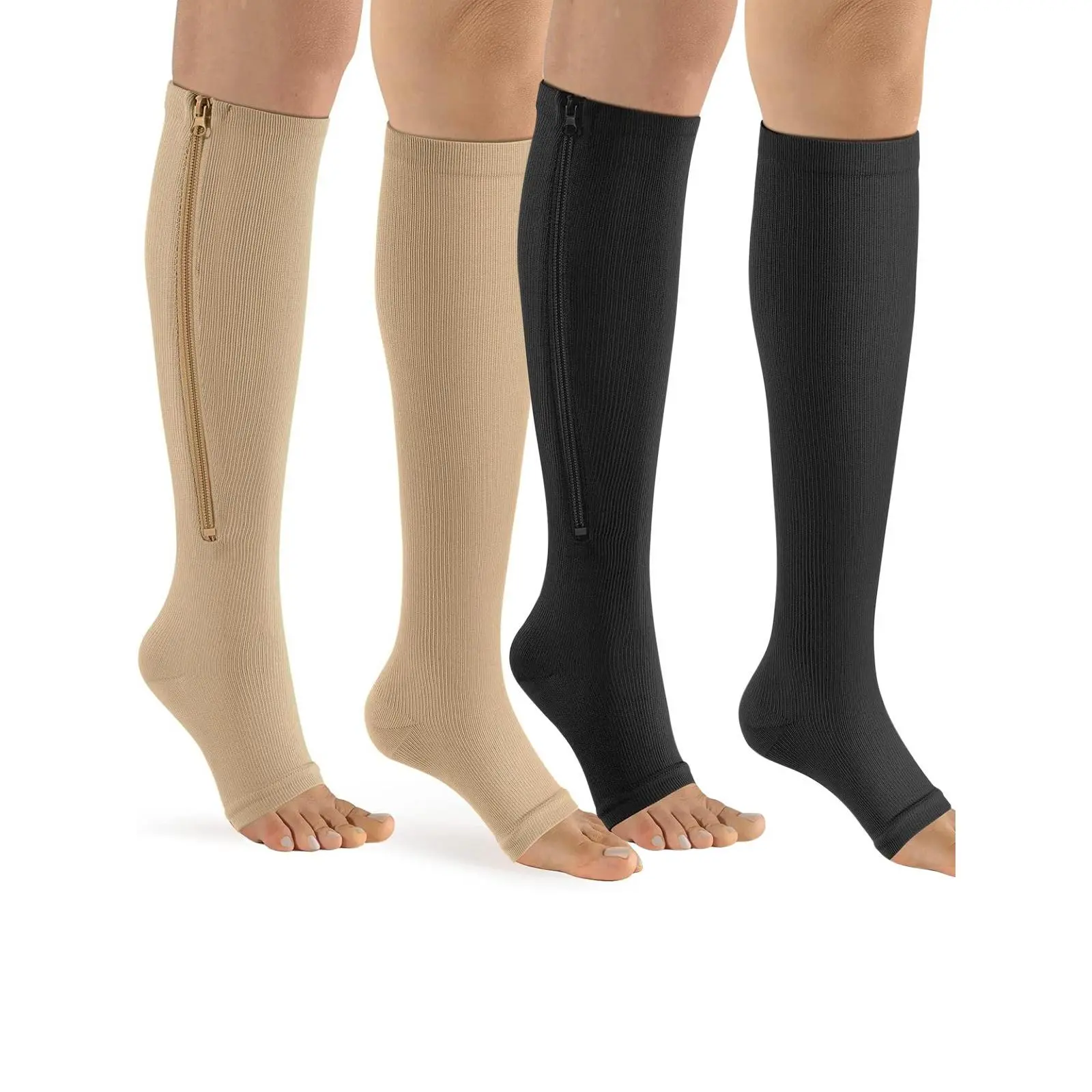 Male & Female 3 Pairs Ribbed Breathable Nylon Knee-High Open-Toe Zipper Compression Socks, 20-30mmHg Graduated Support Compression Stockings for Athletic Running