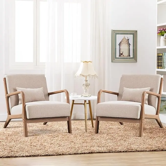 [DealsForYouDays][Set of 2]EBELLO Modern Arm Chairs , Mid-Century Modern Accent Chair Upholstered Lounge Chair with Pillow and Solid Wood Frame, Linen Fabric Comfy Chairs for Living Room Interior Design Home Decor
