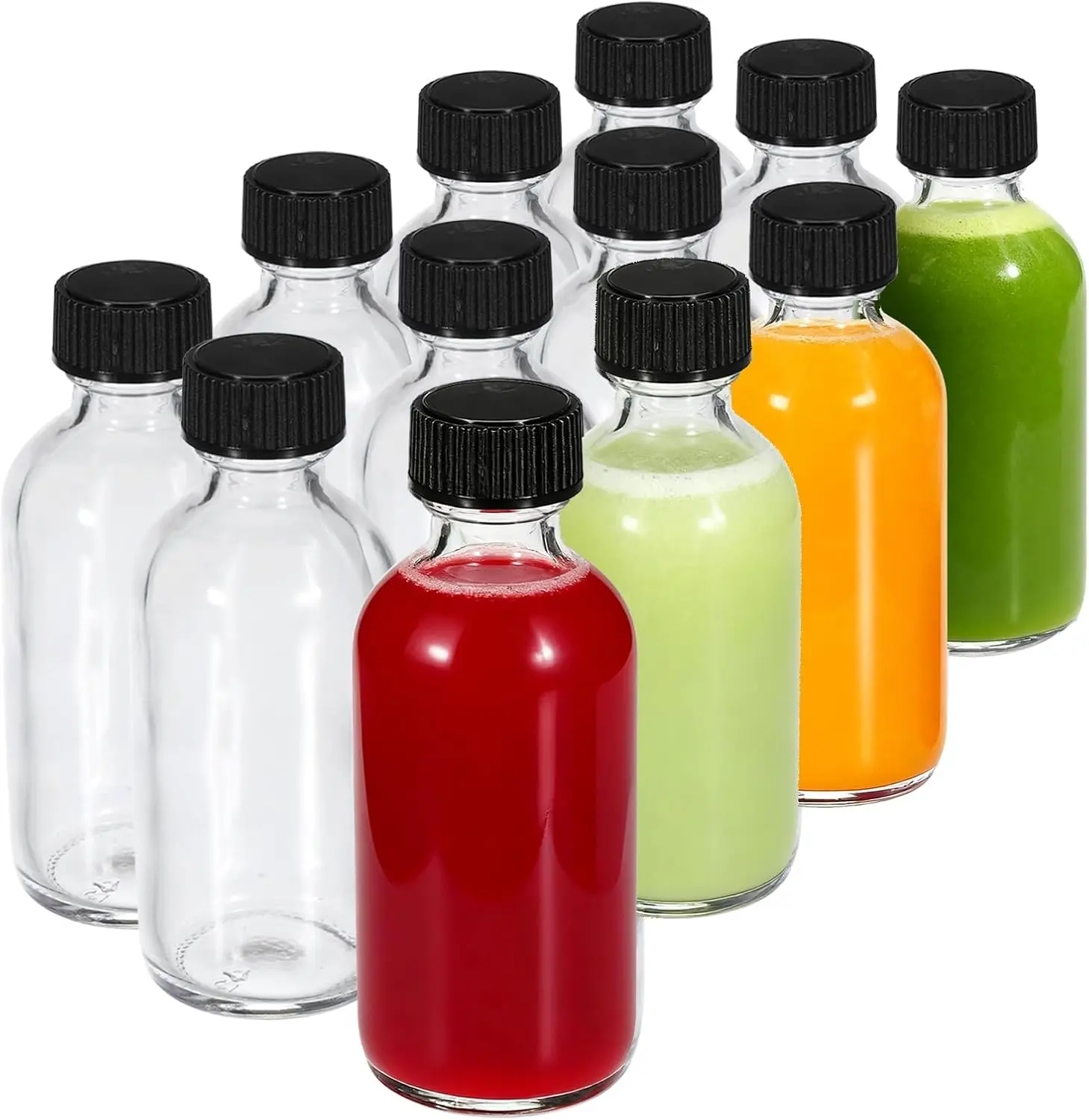 12-Pack 2 oz (60ml) Small Glass Boston Round Bottles with Lids - Leak-Proof Mini Travel Containers for Ginger Shots, Juice, Whiskey, Samples