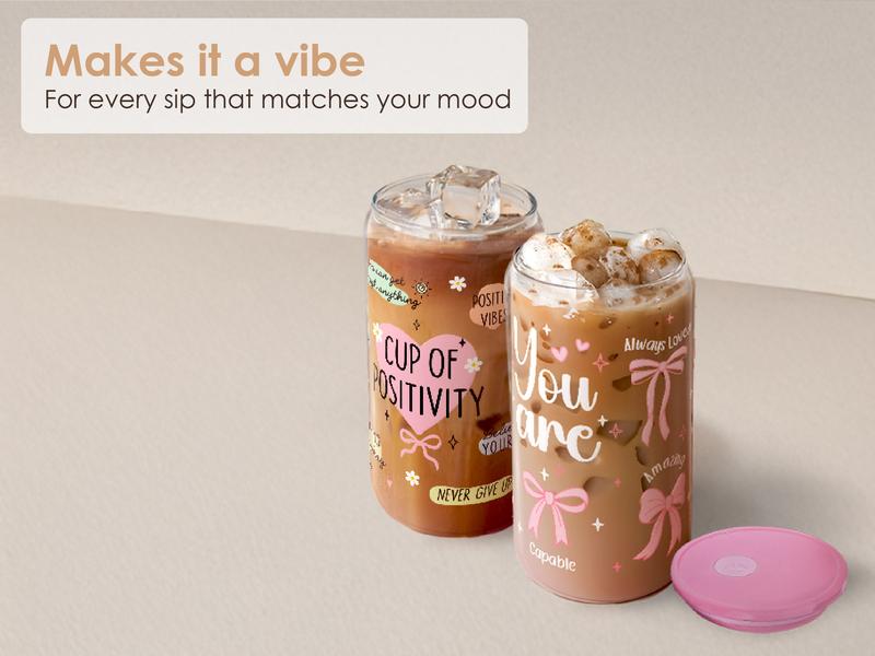 Sandjest 16oz Clear Glass Cup with Straw & Lid, Iced Coffee Drinking Can Shaped Cups, Reusable Stylish Drinkware, Home Office Valentine Gift for Her