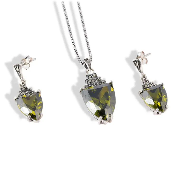 Vintage Marcasite Jewelry Set for Female, 925 Sterling Silver Triangle Necklace and Earrings with Faceted Crystal, 16 Inch Chain, Anniversary Gift, Box Chain, Everyday