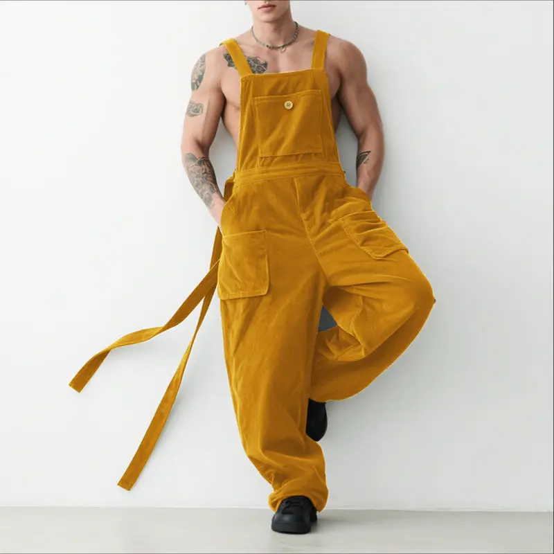 INCERUN Men's Plus-Size Baggy Loose-Fitting Bib Style Corduroy Overalls - Sleeveless Menswear Vintage Streetwear, Soft Plain Fabric, Deep Cargo Pockets, Lace-Up for Autumn/Spring Casual Outdoor Use, Yellow Option, Baggy Overalls, Deep Pockets Overalls