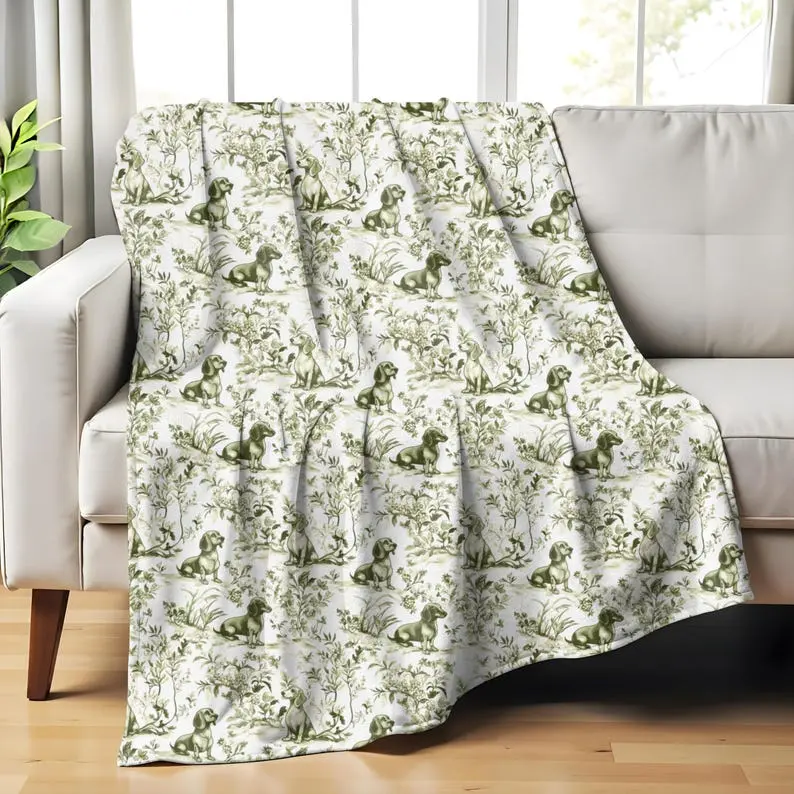 Dachshund Sage Green French Toile Blanket, Toile Throw Blanket for Doxie Lovers, Sausage Dog Blanket Toile de Jouy Gift Dog Cozy Blanket