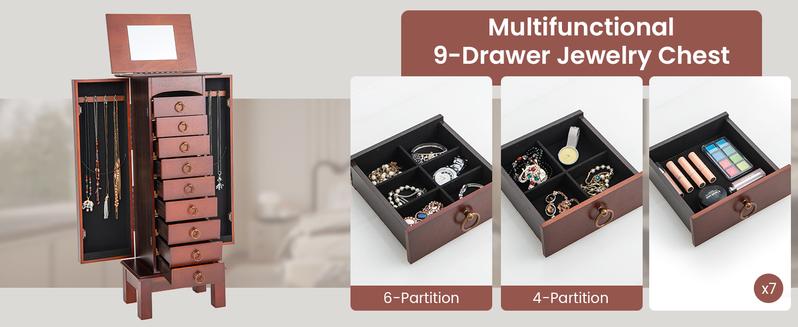 Giantex Large Jewelry Armoire Cabinet with Drawers & Swing Doors Hooks Top Mirror Boxes, Standing Cambered Front Storage Chest Stand, Large Standing Jewelry Armoire, Dark Walnut