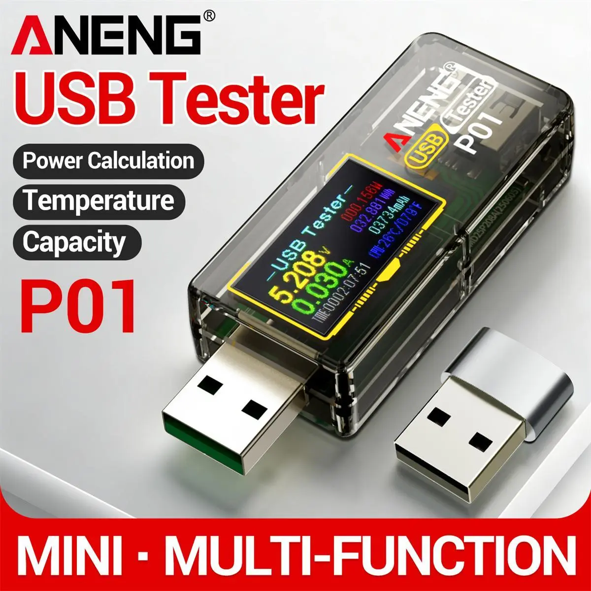 ANENG P01 Type-C Digital Multimeter Voltmeter, 4-30V USB-C Tester with Color Screen, Data Storage & Real-Time Monitoring, Fast Charging Detection, Quality Inspection Tool for Chargers, Smartphones, Power Supplies