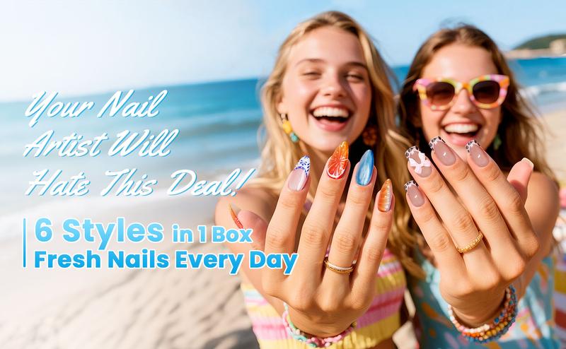 144 Pcs (6 Packs) Value Set | Press on Nails with Jelly Glue | Mixed Coffin & Almond Shapes | Reusable Stick on Nails | No Glue Damage | 12 Sizes