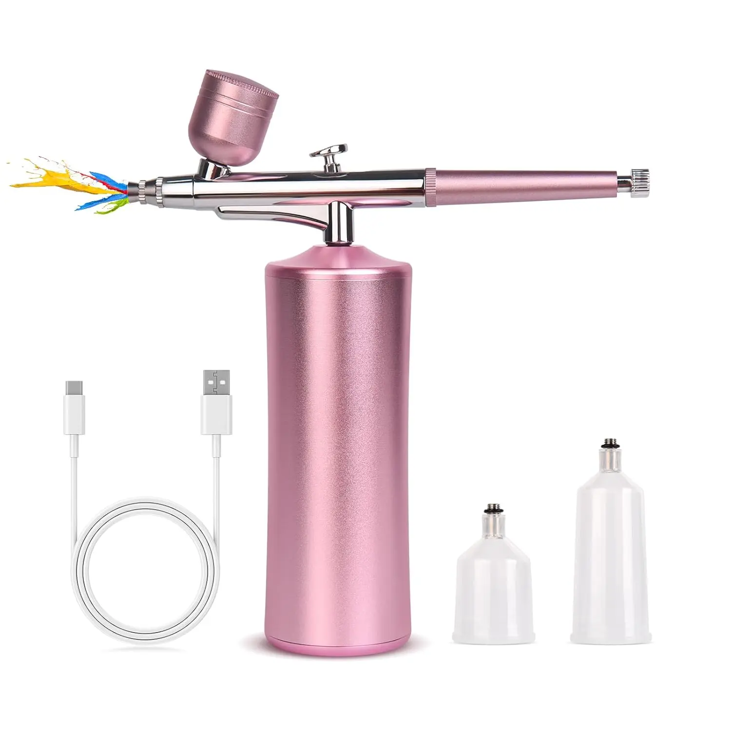 Rechargeable Cordless Portable Lightweight Airbrush Kit with 1pcs Compressor, 0.3mm Nozzle, 1pcs Type-C Charging Cable, Adjustable Pressures for Makeup & Paint, Cake Decorating, Nail Art (Pink), Illustration, Handicrafts