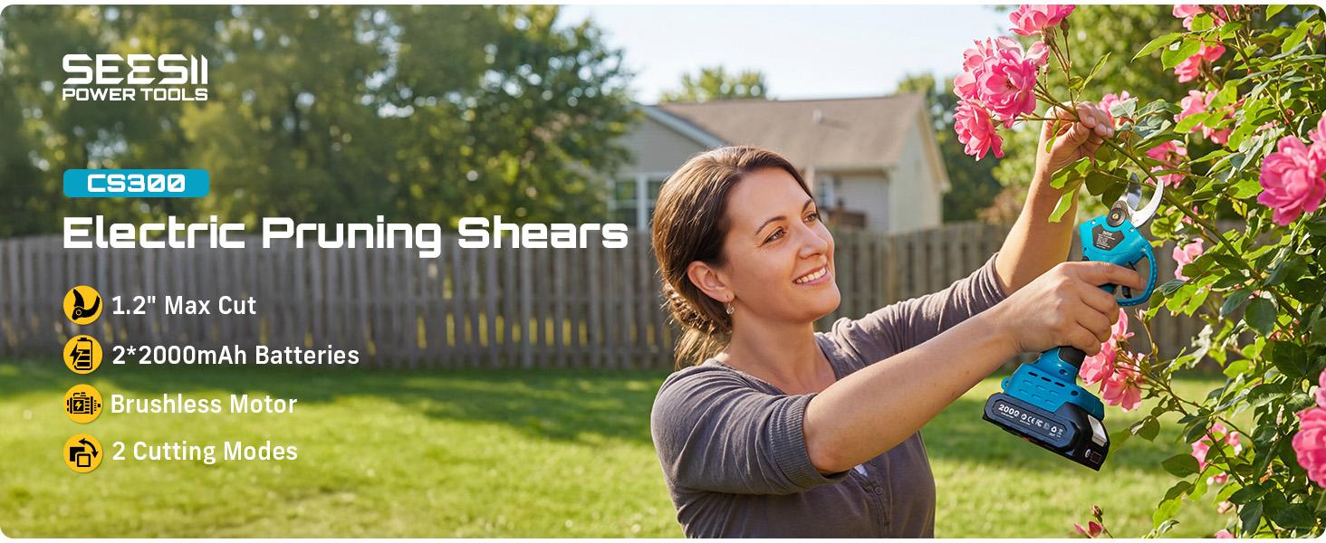 SEESII Electric Pruning Shears for Gardening: 1.2” Cutting Cordless Power Pruner - 2 Lbs Lightweight &  Portable, Brushless Motor, Dual 2.0Ah Battery, 2 Levels Adjustable Models,  Extra SK5 Blade Branches Cutter For Tree & Flower Trimming SP100