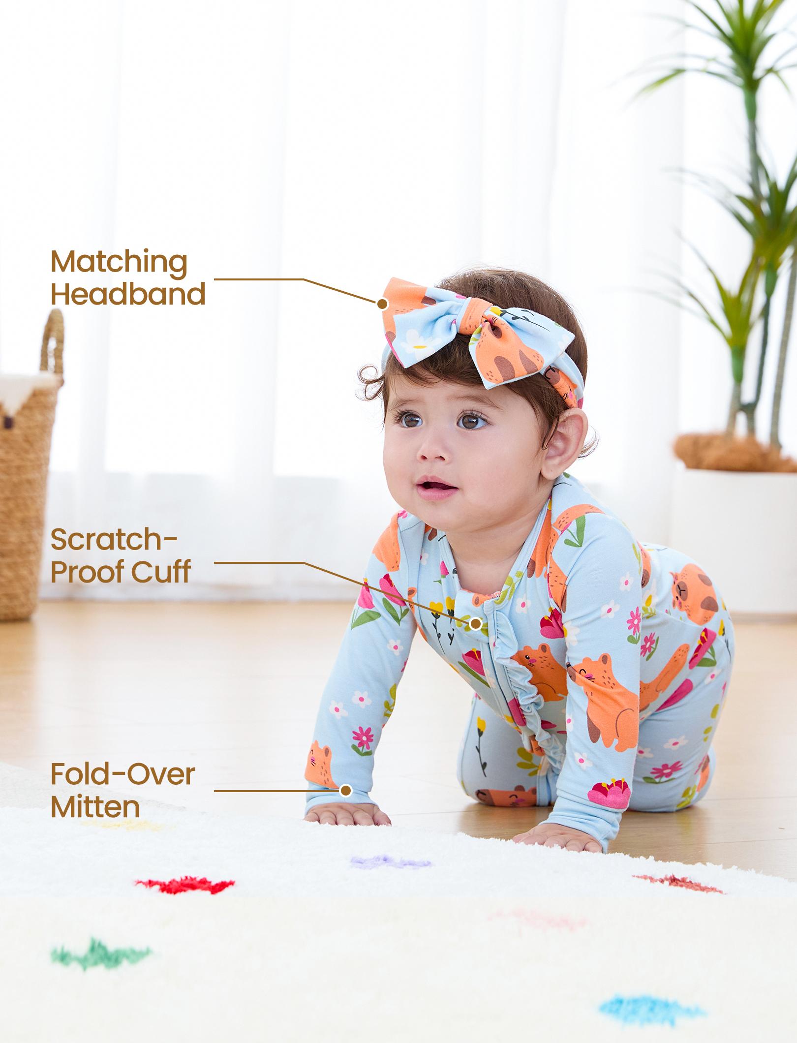Bamboo Baby Boy/Girl Animal Printed 2-Way Zipper Anti Slip Long-sleeve Footie with Hairband Pink & Blue Floral Design