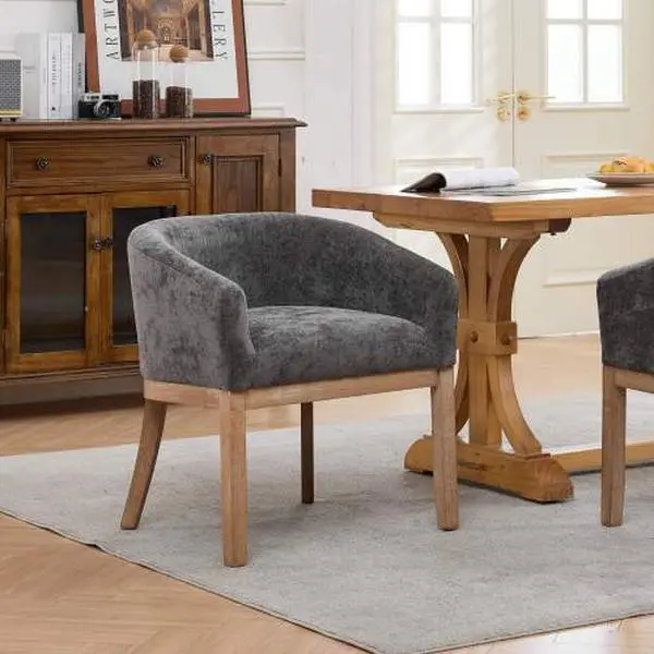 Mid Century Modern Dining Chairs with Arms, Upholstered Chenille Fabric Dining Room Chairs with Solid Wood Legs, Comfy Barrel Accent Chairs for Dining Room, Living Room, or Cafe,Grey