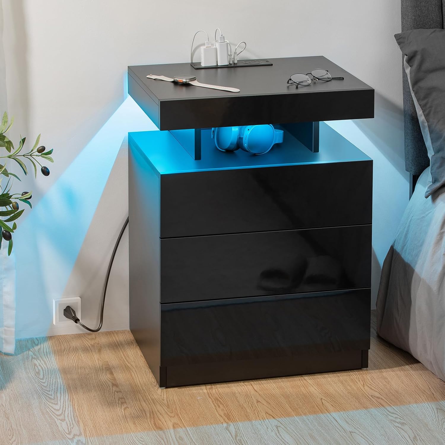 HOMMPA LED Nightstand with Wireless Charging Station & USB Ports, Modern Bedside Table, 3 Drawer Black Night Stand with Open Compartment, Smart Nightstand High Gloss Surface for Bedroom