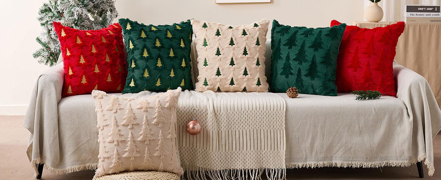 Christmas Pillow Covers 18x18 Set of 2 Beige Double Xmas Tree Pillow Covers Soft Plush Faux Fur Christmas Decorations for Xmas Winter Holiday Home Bedroom Sofa Cushion Cases Living Room Home Decor