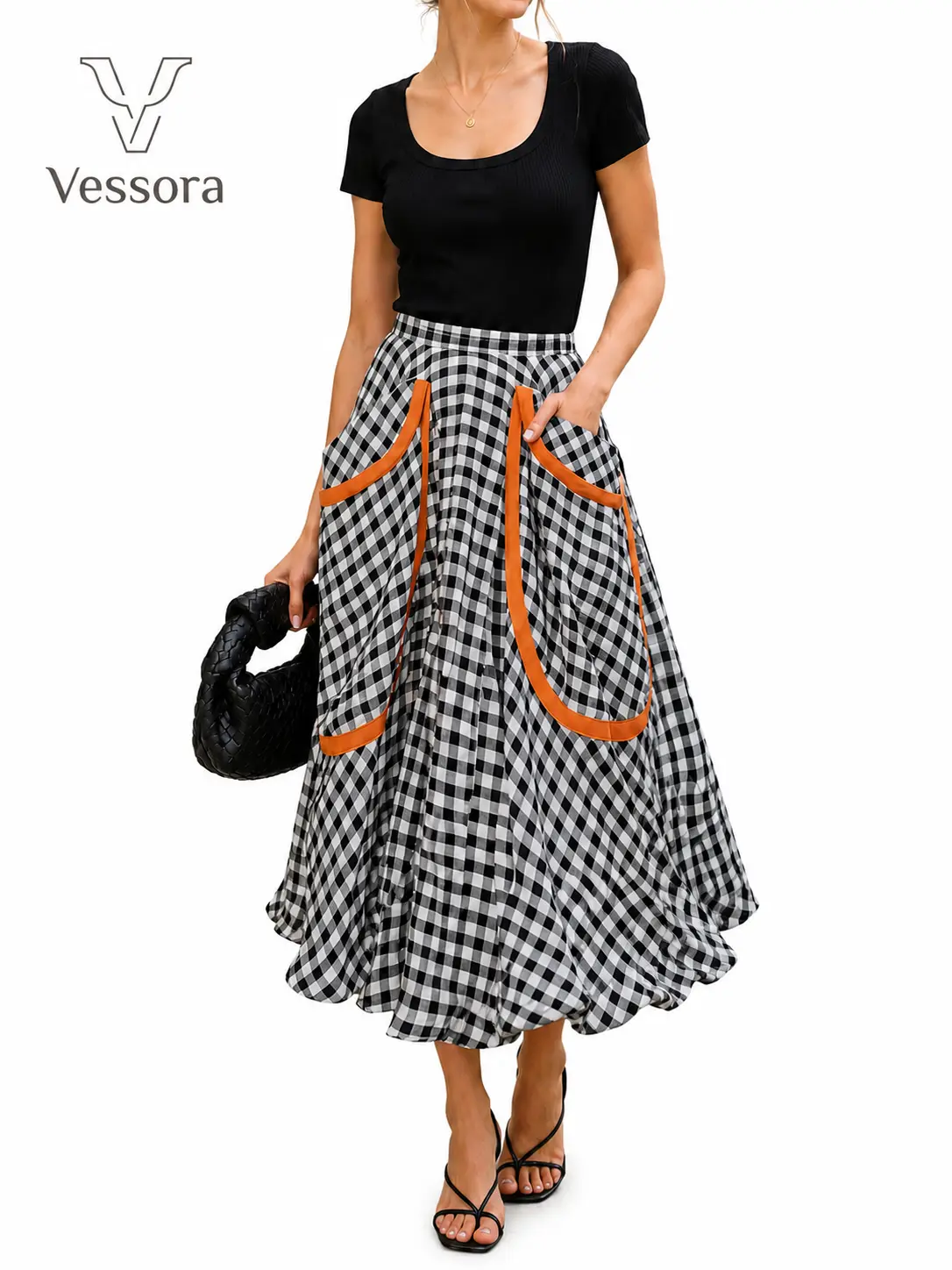 Vessora Women’s Vintage Gingham Midi Skirt, High Waist Flowy A-Line Plaid Skirt with Contrast Pocket Detail, Cottagecore Boho Casual Swing Skirt