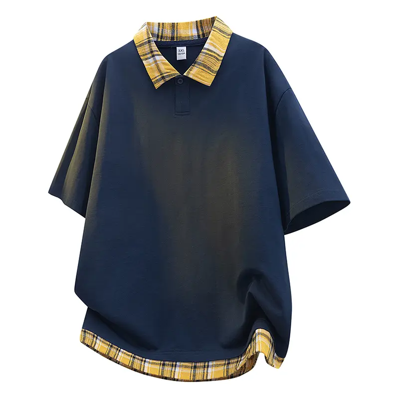 Men's Relaxed Fit Plaid-Trimmed Short Sleeve Polo Top with One-Button Neckline, Contrast Checkered Collar and Bottom Hem, Drop Shoulder Silhouette, and Draped Curved Edge for Effortless Urban Casual Wear#SummerWins