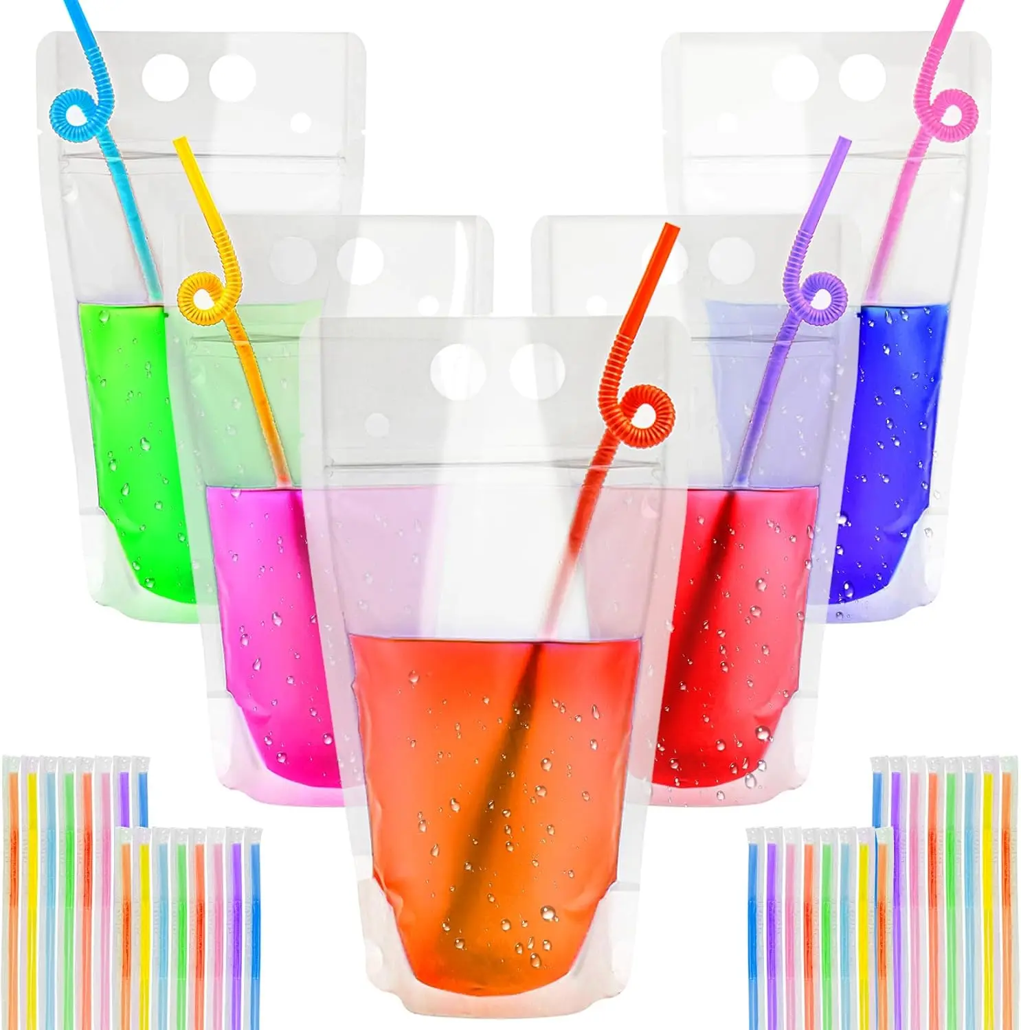 44 Drink Pouches with Straws Individually-Wrapped - 17oz Juice Drink Pouches Adults Alcohol Clear Plastic Halloween Blood Bag Reusable Cocktail Liquor Liquid Smoothie Party Hot Weather Cooling Disposable Lightweight