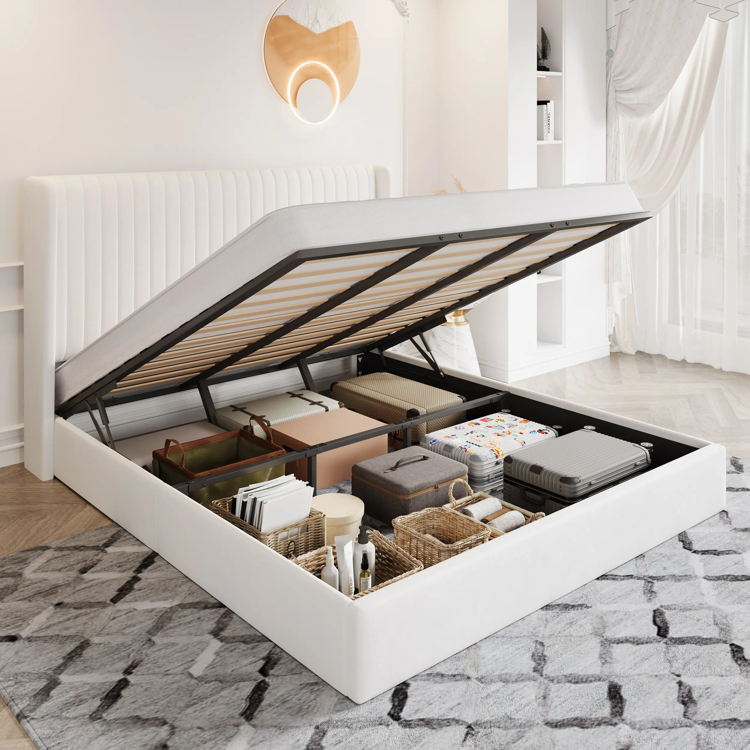 HOOMIC Lift Up Storage Bed Frame – Sturdy Upholstered Platform Bed with Hydraulic Lift, Vertical Channel Wingback Headboard, No Box Spring Needed, Easy Assembly,Full/Queen/King, Black/White/Grey/Cream White#SummerVibes