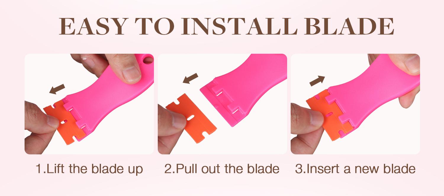 GOO GOO Tape Remover Scraper Tool Plastic Razor Blade Scraper with 10 Orange Replacement Blades, Hot Pink Plastic Scraper for Tape in Extensions, Effectively Removes Tape Residue